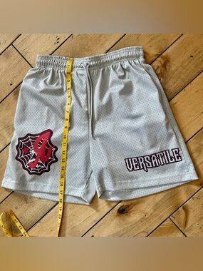 Versatile Brand Tan Zumiez Mesh Athletic Skater Shorts with Maroon Graphics